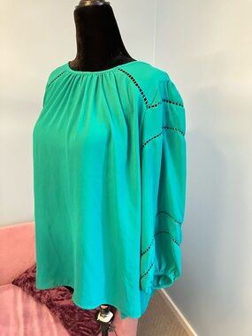 LOFT Teal 3/4 Sleeve Blouse with Ladder Stitch Accents